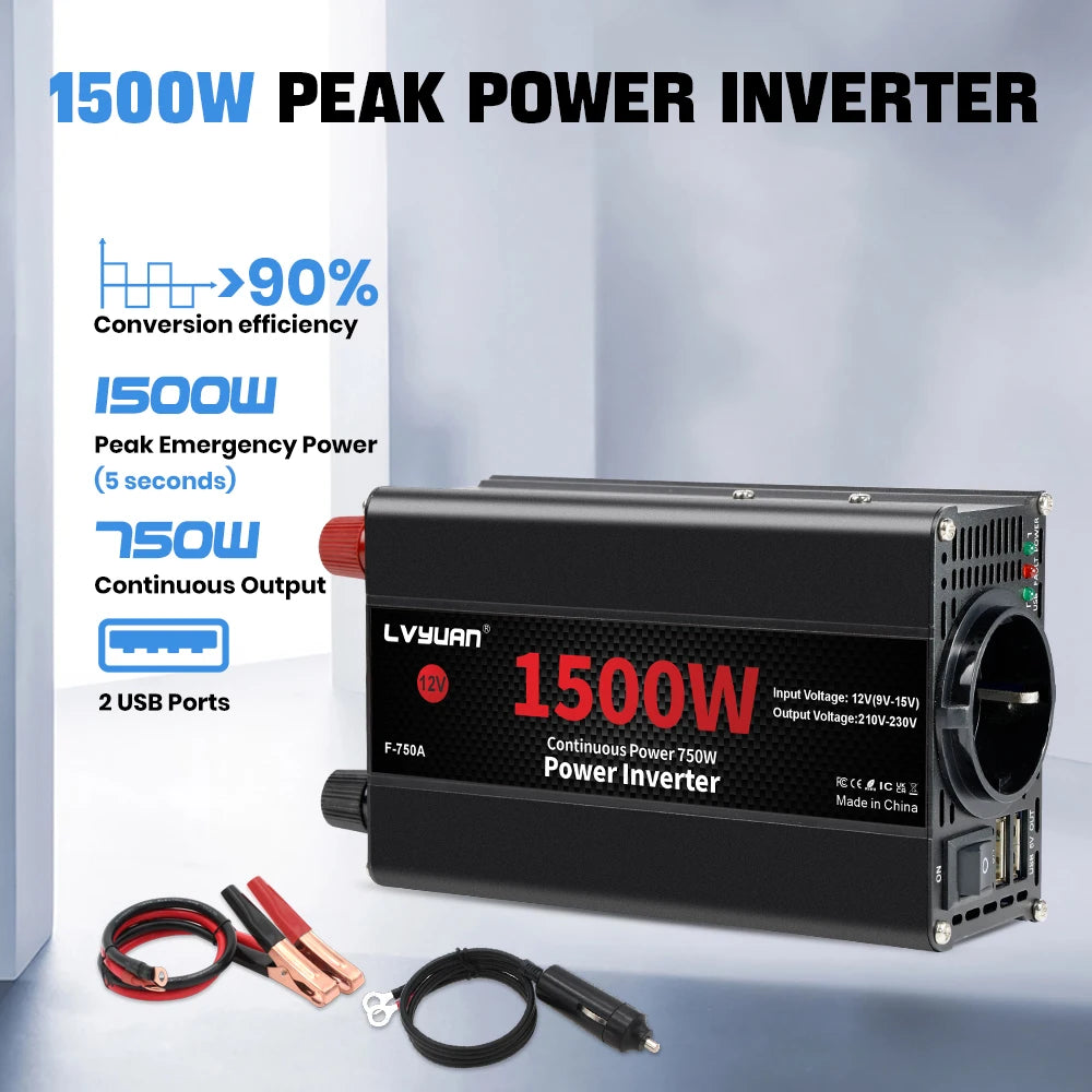 Inversor de Corriente 12V a 220V Onda Modificada | 1500W–4000W | Enchufe EU | Para RV y Camper