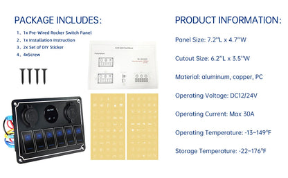 Panel de Interruptores de Aluminio 12V / 24V con USB y LED Azul