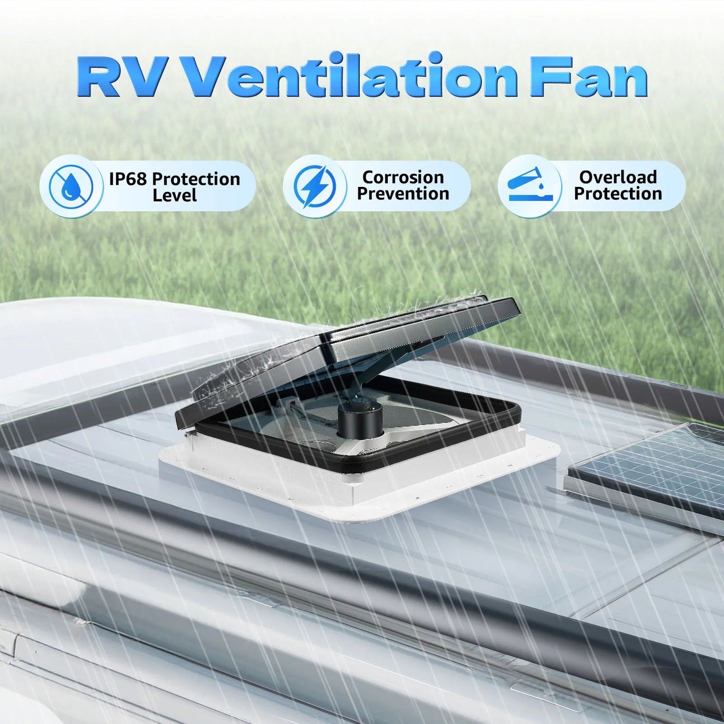Ventilateur de plafond de camping-car 12V avec LED - 6 vitesses + double flux IP68 (28x28cm)