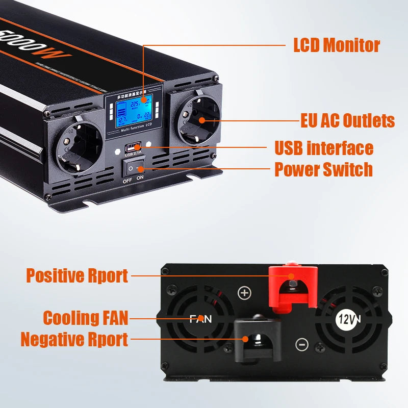 Inversor de Corriente Onda Pura 12V / 24V a 220V | 3000W – 5000W | Con Control Remoto y Pantalla LED para RV y Camper