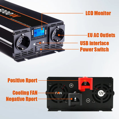 Inversor de Corriente Onda Pura 12V / 24V a 220V | 3000W – 5000W | Con Control Remoto y Pantalla LED para RV y Camper