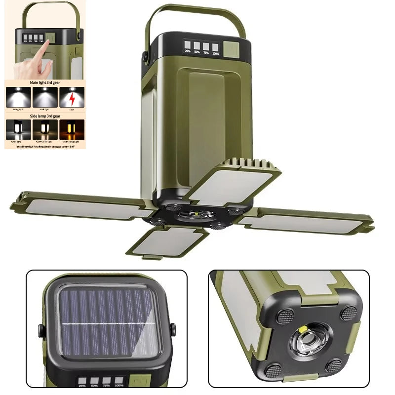 Lampe solaire pliable 2000 mAh – Lumière de camping + Power Bank + Lampe de poche 3-en-1 Description :