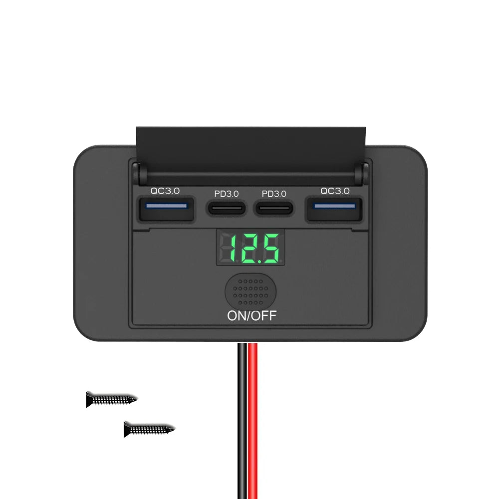 Toma USB Cuádruple 12–24V 84W con Interruptor y Voltímetro