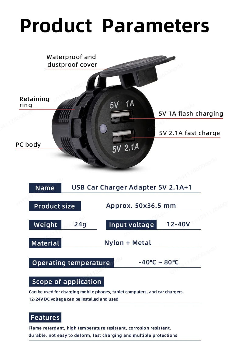 Toma USB Doble 12–24V para Vehículos
