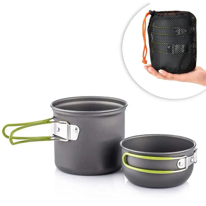 Anodized Aluminum Camping Pot Set - 2 Sizes + Mesh Bag (1-2 People)