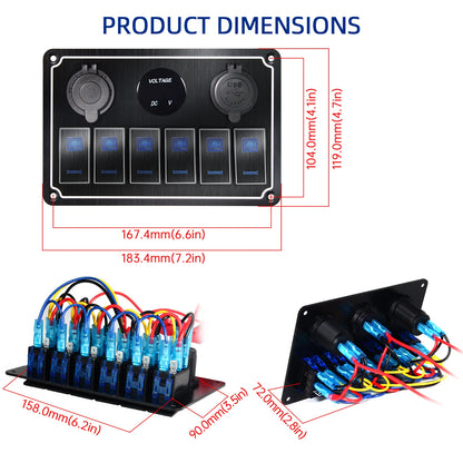 Panel de Interruptores de Aluminio 12V / 24V con USB y LED Azul