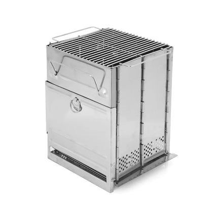 Hornillo Leña Acero Inox Plegable - Portátil + Bandeja Cenizas para Camping