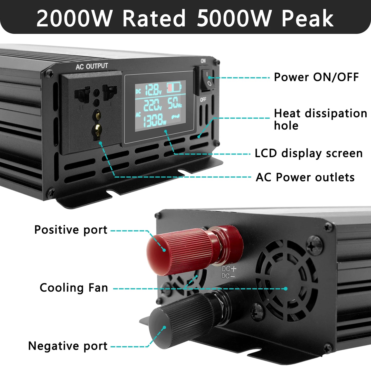 Inversor de Corriente Onda Pura 12V / 24V a 220V | 500W–2000W Continuos | Pantalla Inteligente para RV y Camper