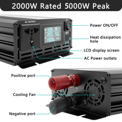 Inversor de Corriente Onda Pura 12V / 24V a 220V | 500W–2000W Continuos | Pantalla Inteligente para RV y Camper