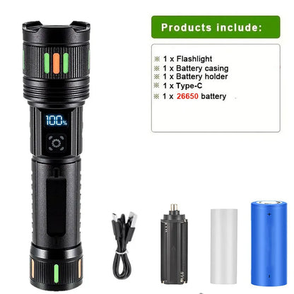 Lampe torche LED rechargeable USB-C - Zoom réglable + Affichage numérique (3 modes) pour le camping