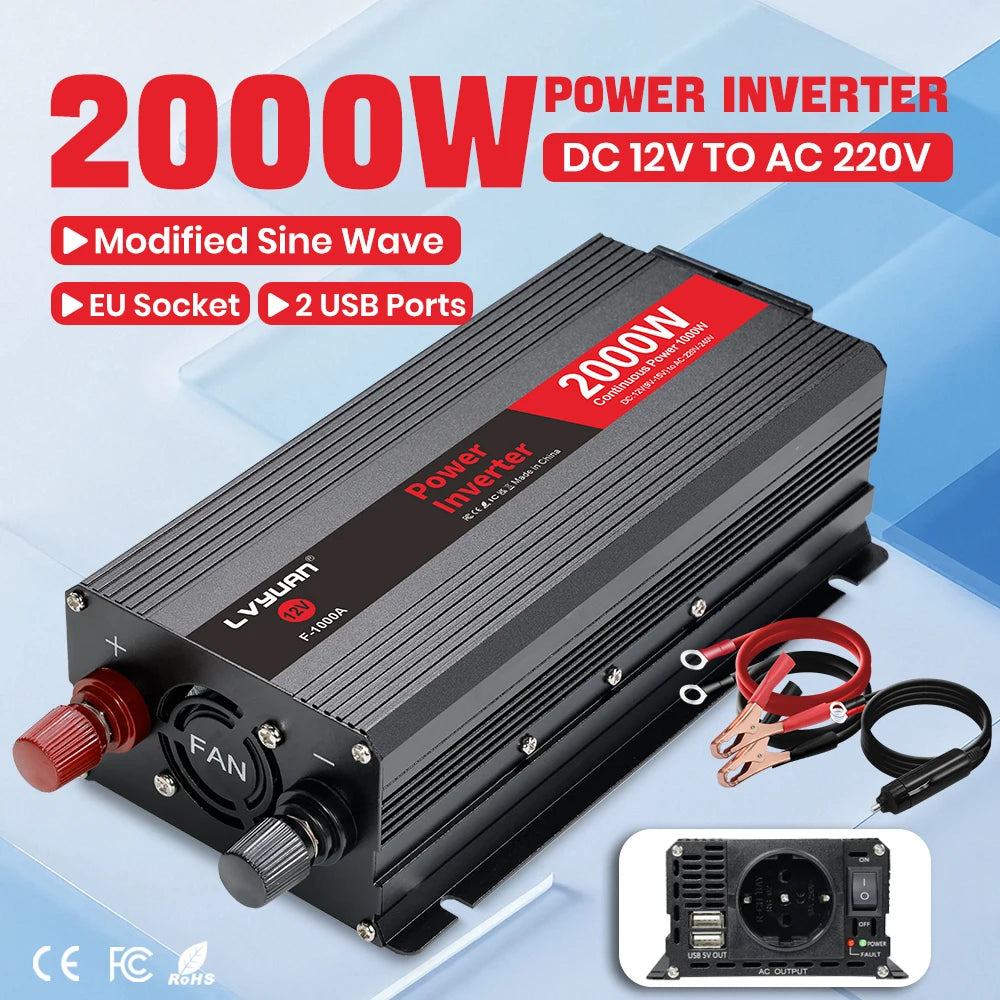 Inversor de Corriente 12V a 220V Onda Modificada con Pantalla LCD | 750W–1300W Continuos para RV, Camper y Vehículos