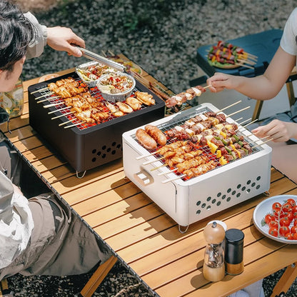 Parrilla Carbón Acero Inox Plegable - Portátil + Rejilla para Camping y Exterior