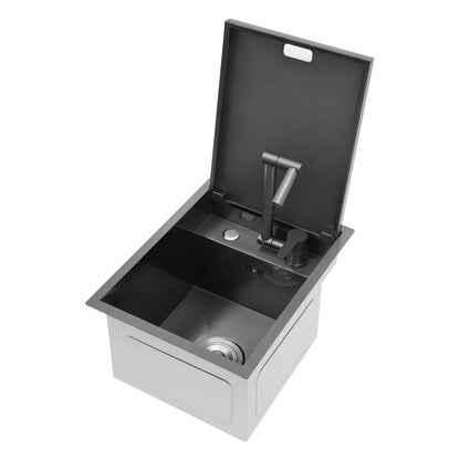 Concealed Dark Grey Stainless Steel Sink with Tap – Single Bowl with Soft-Close Lid (450×350×210 mm)
