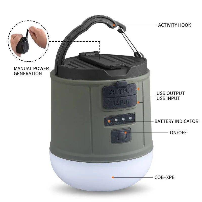 Lampe de camping dynamo - LED rechargeable + manivelle de secours (8h de lumière)