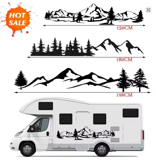 Pegatina y escena de árbol y montaña