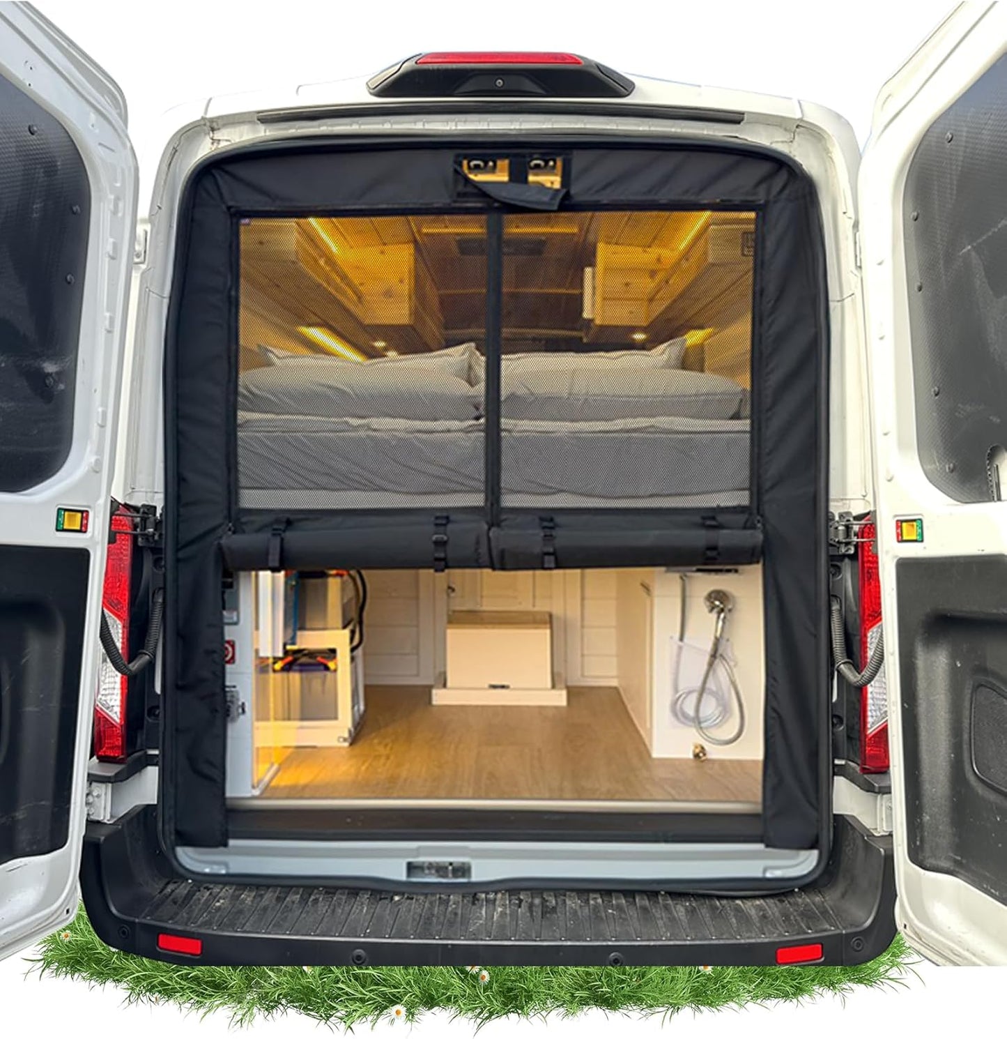 Moustiquaire arrière avec rideau d'intimité - Toit surélevé · Ford Transit / Mercedes Sprinter / Ram ProMaster · Ventilation + Protection anti-insectes