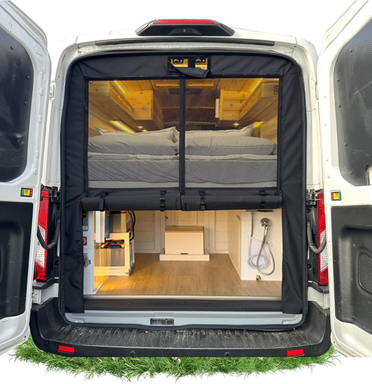 Moustiquaire arrière avec rideau d'intimité - Toit surélevé · Ford Transit / Mercedes Sprinter / Ram ProMaster · Ventilation + Protection anti-insectes
